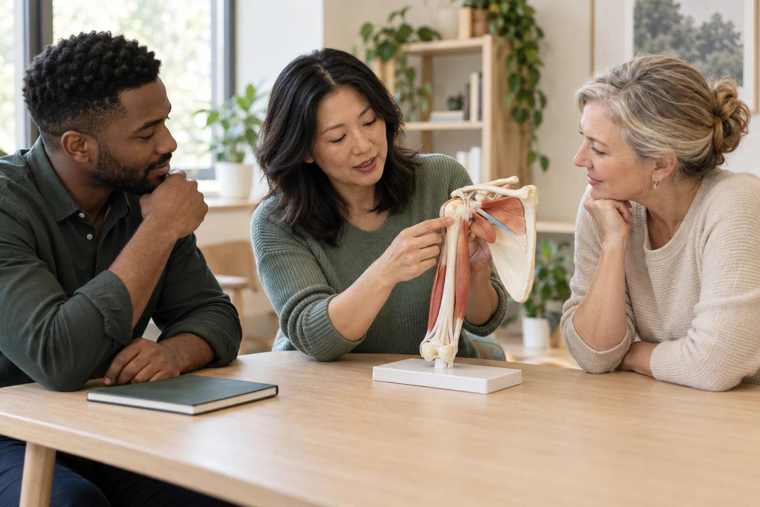 Illustrative scene of three practitioners discussing a shoulder model together